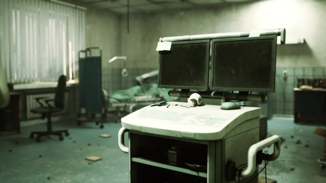Abandoned hospital with scattered debris and destroyed equipment