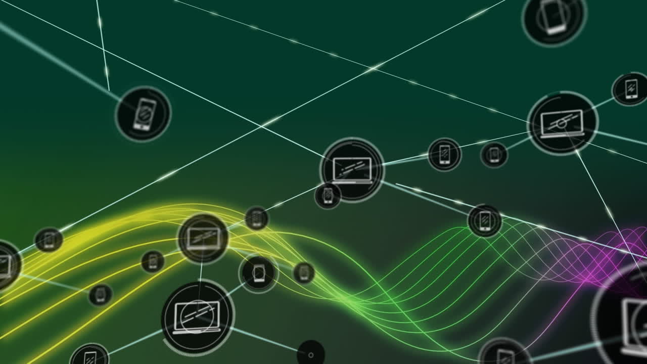 animación de una red de iconos digitales sobre una onda digital de neón contra un fondo verde