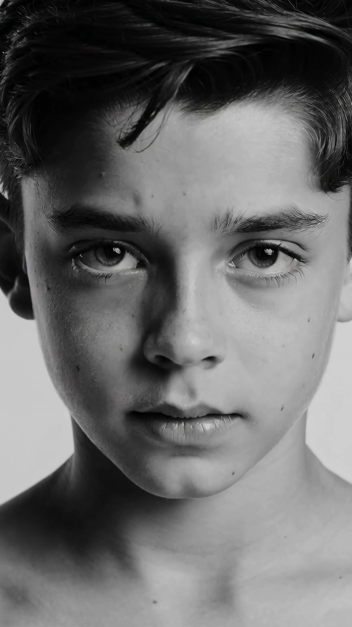 Vídeo vertical: Adolescente sem camisa de frente com expressão calma em estúdio, câmera P&B filmando cinco quadros.