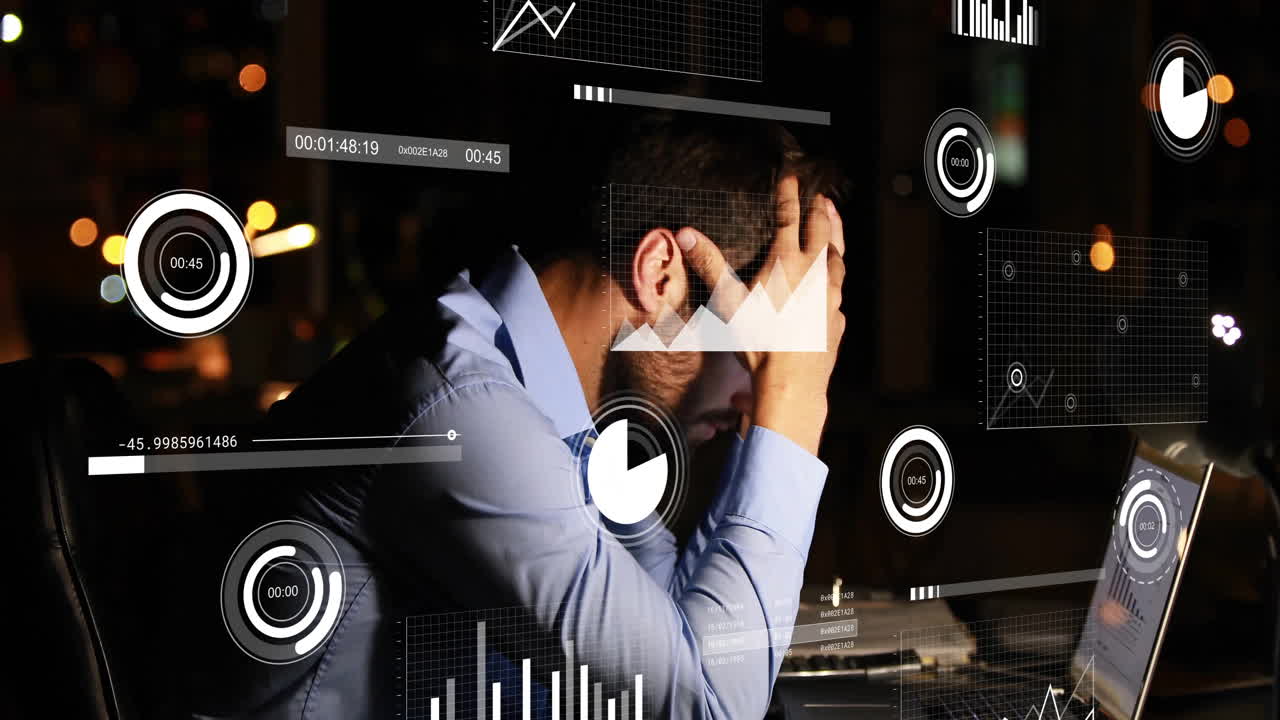 animación de la interfaz infográfica sobre el exhausto hombre de negocios caucásico con la cabeza en las manos en la oficina