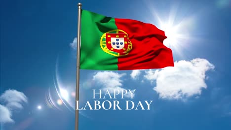 Animation-of-happy-labor-day-text-over-portuguese-flag-and-blue-sky