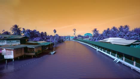a river flowing through a tropical community with houses on stilts and abstract color effect making the landscape purple and the sky burnt orange