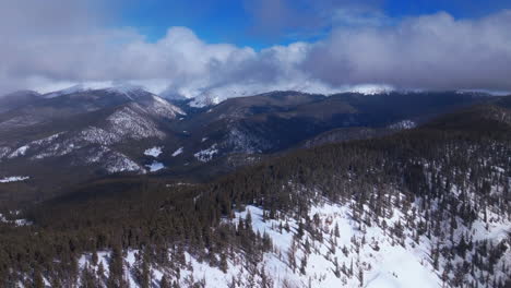 Backcountry-Boreas-Mountain-Pass-Breckenridge-Colorado-North-Fork-Tiger-Road-aerial-drone-cinematic-Bald-Mountain-Keystone-winter-fresh-snow-blue-sky-fog-clouds-daytime-backwards-slowly-motion