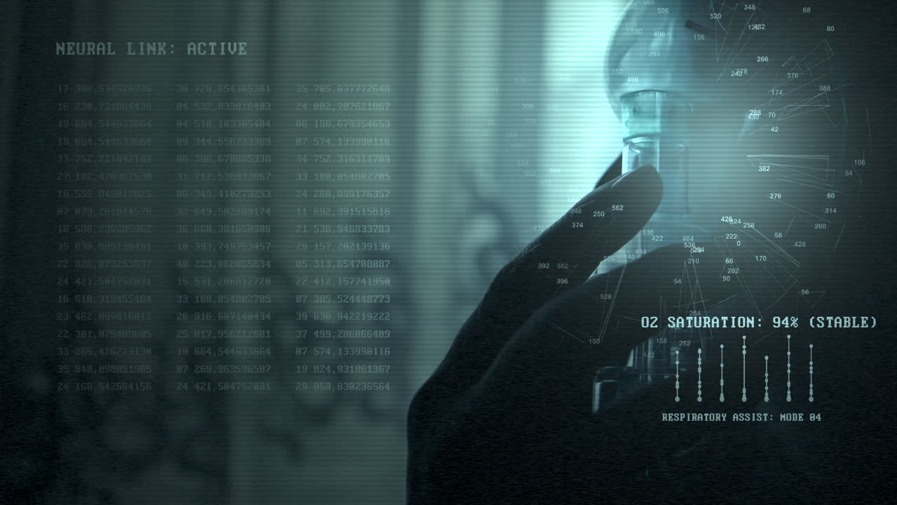 Sosok berlatar cahaya menggunakan masker oksigen dengan antarmuka tampilan data bio AI canggih. Ideal untuk diagnostik kecerdasan buatan dan sistem medis generasi mendatang.