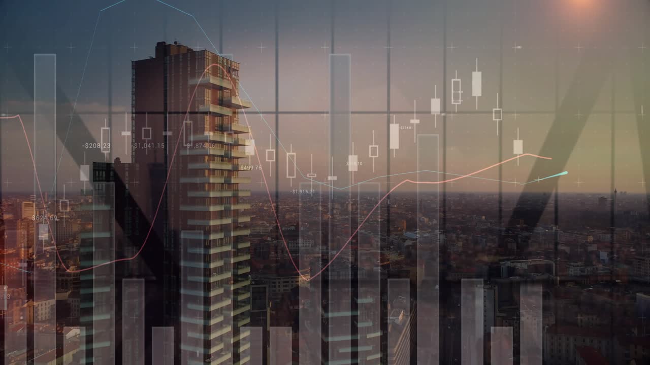Market charts fading in, animating over city while framing center tower, showing live market data