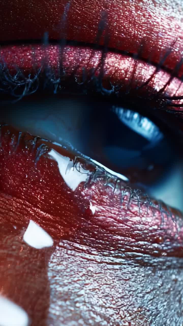 Close-up View of a Glossy Eye with Sparkling Makeup and Tears Reflecting Light, Highlighting the Intricacies of Beauty and Emotion in a Captivating Perspective