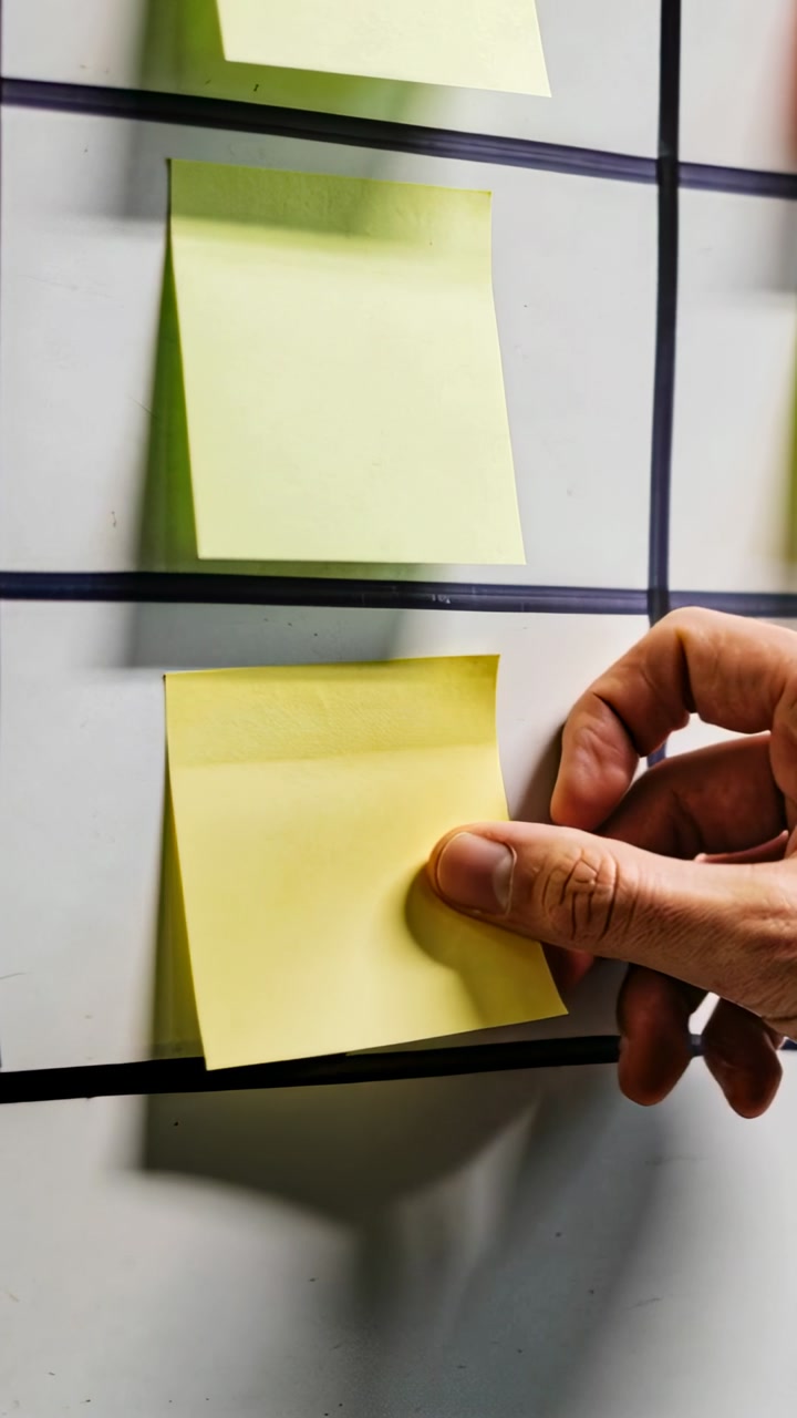 Vertical video: Entering right hand pinching lower yellow note on grid board, aligning to grid
