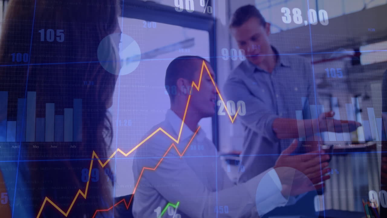 Discussing financial data, business team analyzing stock market graph in office