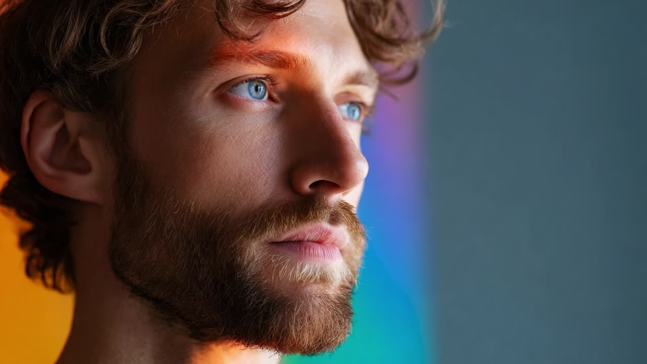 A thoughtful man gazes into the distance, showcasing introspection and serenity, framed by colorful light reflections, highlighting the intricate balance between emotion and aesthetic beauty
