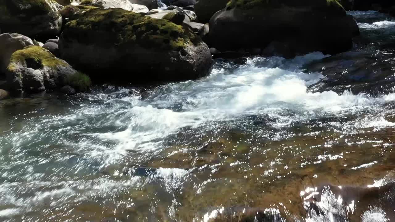 Riprese drone che volano vicino alle rocce che sporgono dall'acqua limpida e incontaminata sotto le cascate nel fiume Coquille.