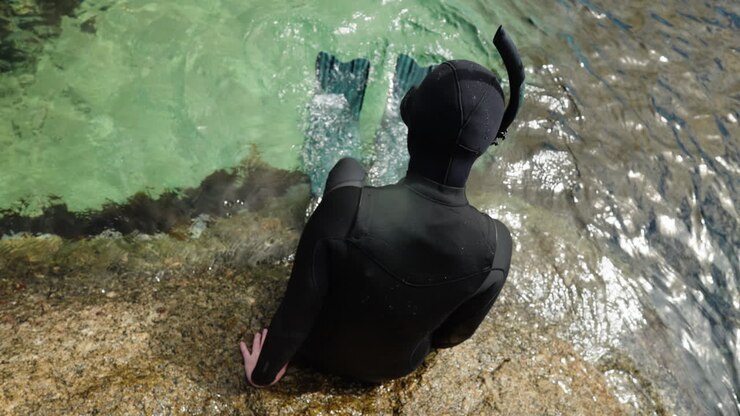 Diver dropping into the crystal clean ocean water in a wetsuit