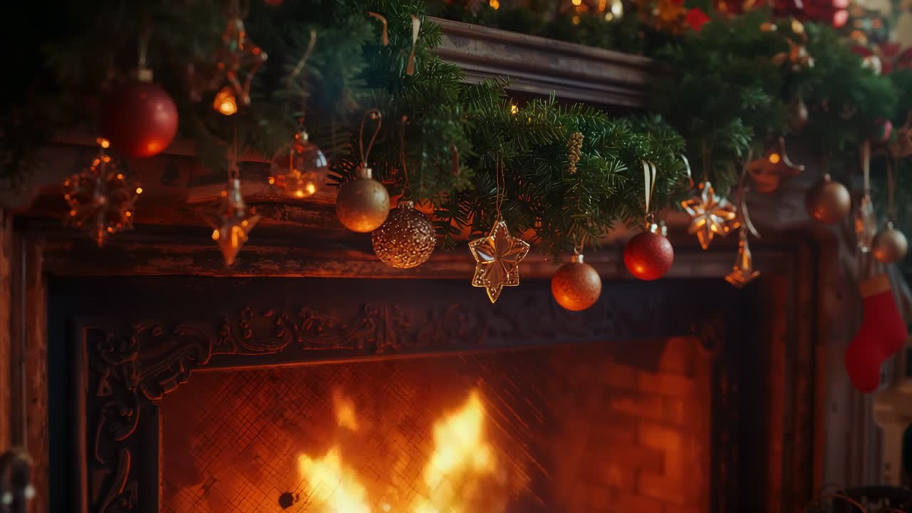 Kameraet skifter fokus til kaminhylden ved hjemmets arne med knitrende ild og røde julekugler