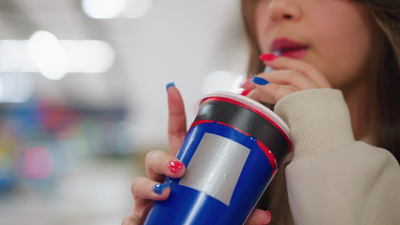 Close up smiling woman holding beverage cup with straw during cheerful moment indoors, focus on hands and lips with blurred colorful background