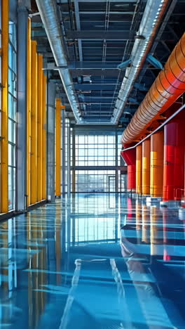 a large, brightly lit room with a blue floor and yellow pillars. the room is empty and has a clean, modern look