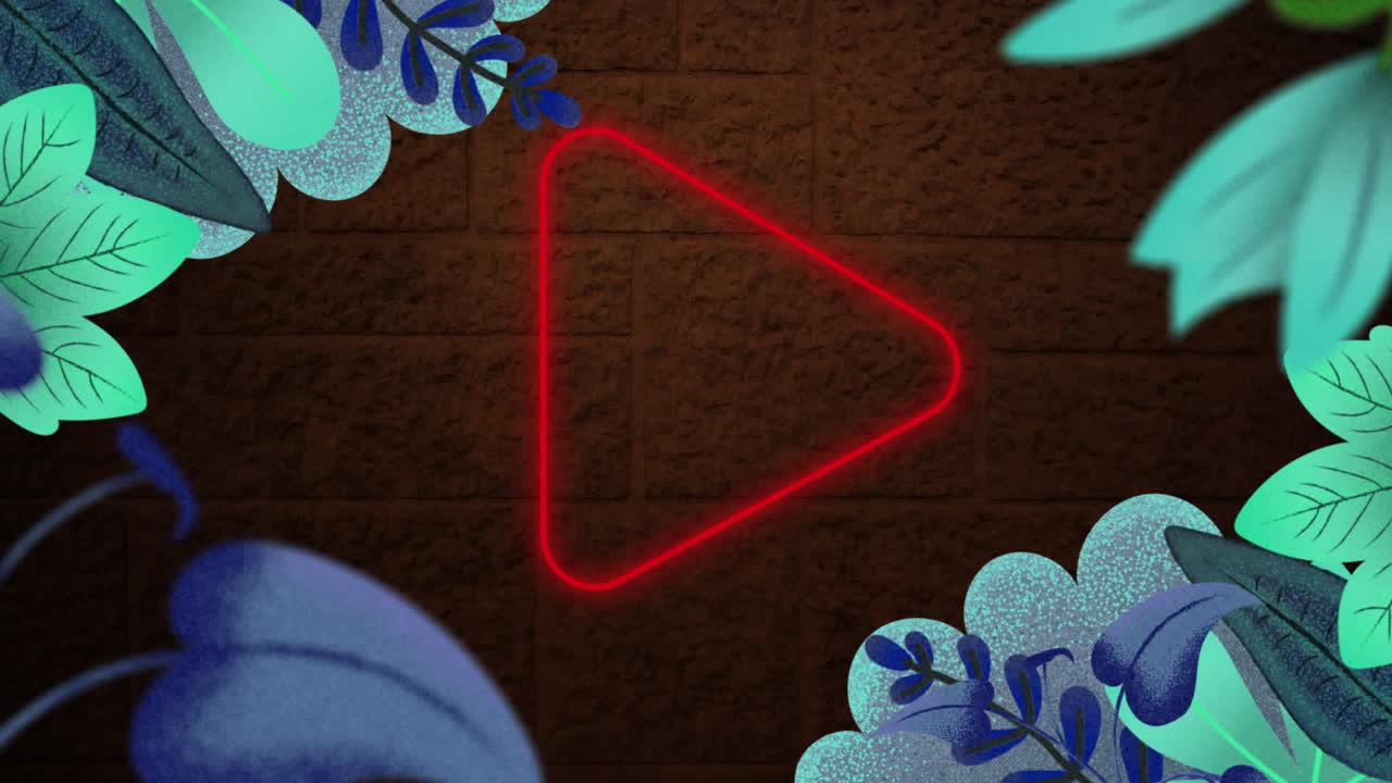 animación digital de diseños florales sobre el icono de juego rojo de neón en un banner redondo contra una pared de ladrillo