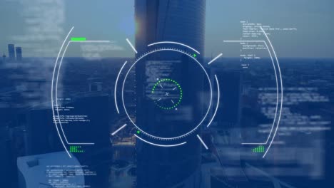 Animación-Del-Procesamiento-De-Datos-Y-Escaneo-Del-Alcance-Sobre-La-Vista-Aérea-Del-Paisaje-Urbano