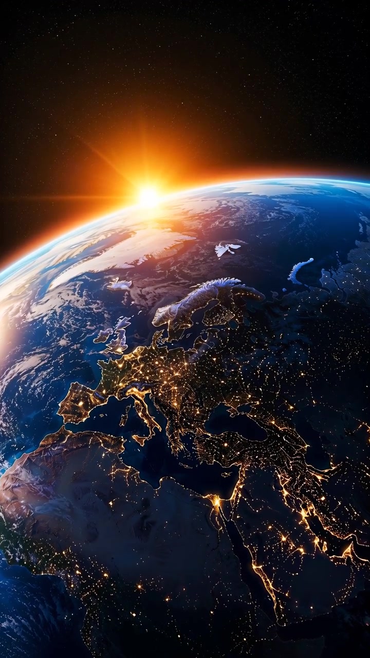 Alba sulla Terra con luci della città, prospettiva satellitare che rivela la curvatura dell'Europa, caldo bagliore solare.