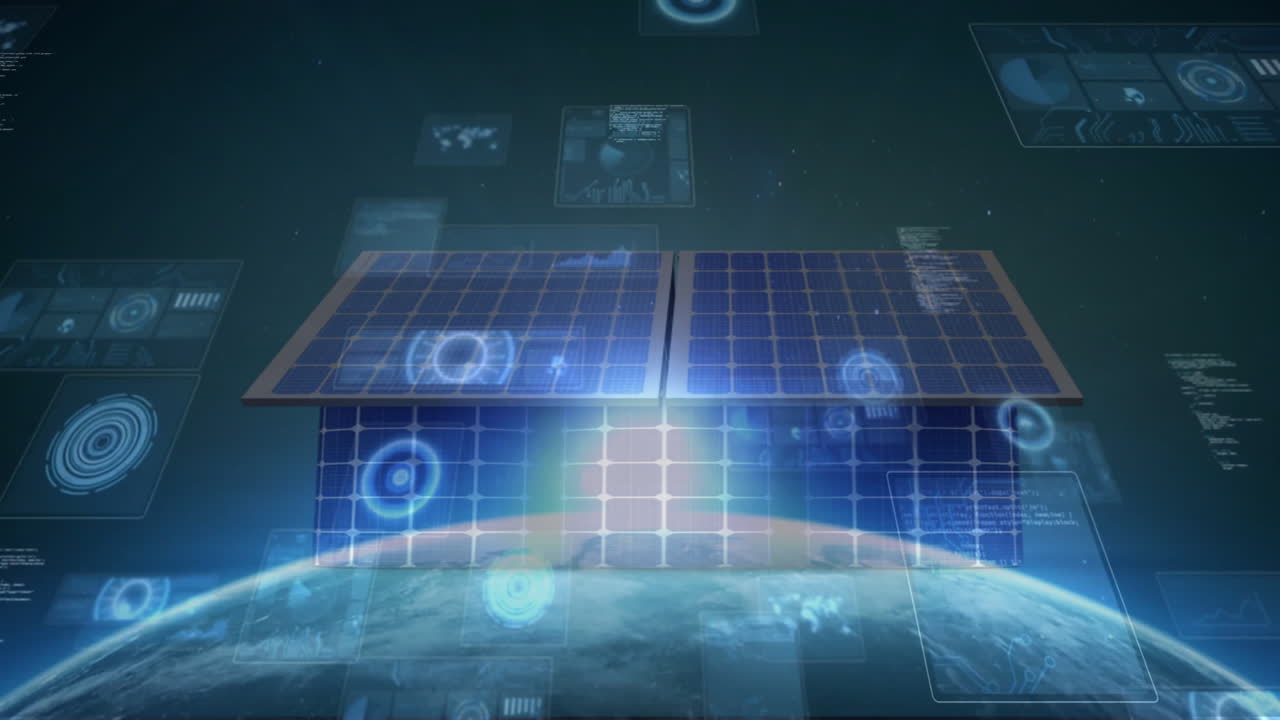 Generating energy, solar panels with digital animation overlay above Earth