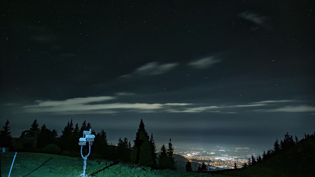 cautivador timelapse nocturno: montañas adornadas por nubes en movimiento en una danza celestial, revelando la belleza serena del cielo estrellado