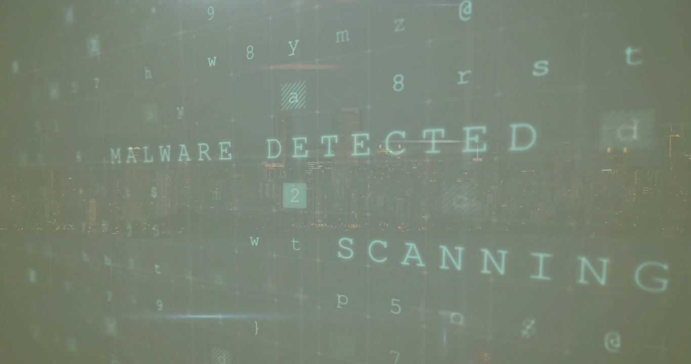 Animation of virus warning and data processing over dark background