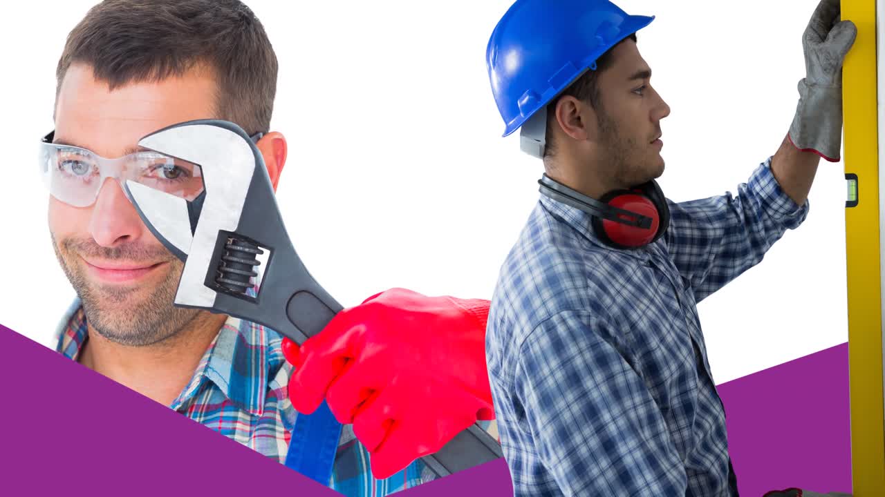 animación de trabajador masculino caucásico con nivel sobre trabajador masculino caucásico sonriente con llave