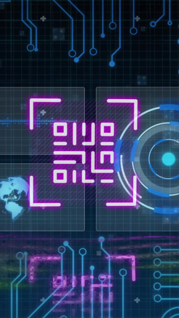 Animation of qr code and computer circuit board over data processing on black background