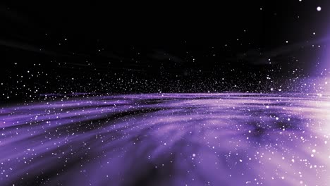 side on fly through a purple galaxy with a glowing center, stars and cloud rings