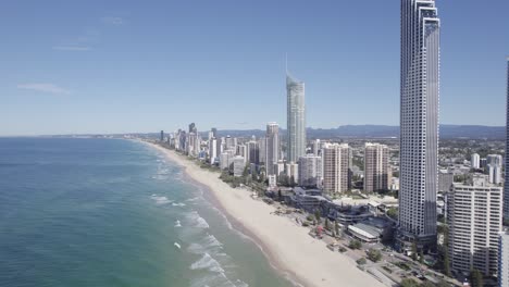 towering hotels and apartment buildings at the beachfront of surfers paradise in gold coast, queensland, australia