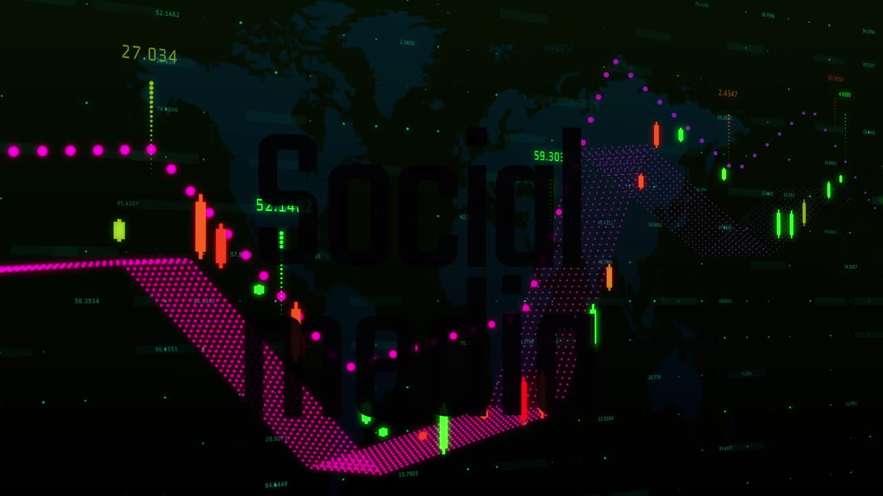 블랙 배경 위에 움직이는 소셜 미디어 텍스트와 그래프의 애니메이션