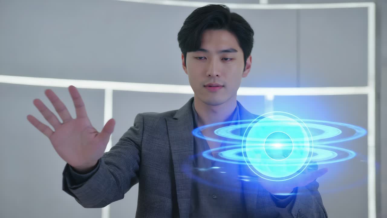 Man Interacting with Futuristic Holographic Display