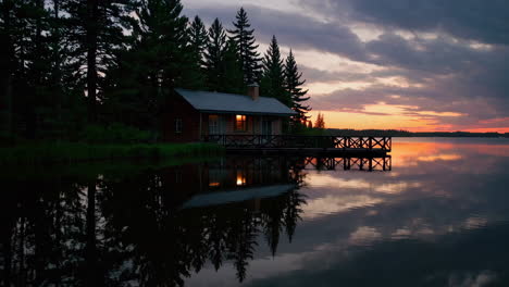 cabin by a lake at sunset