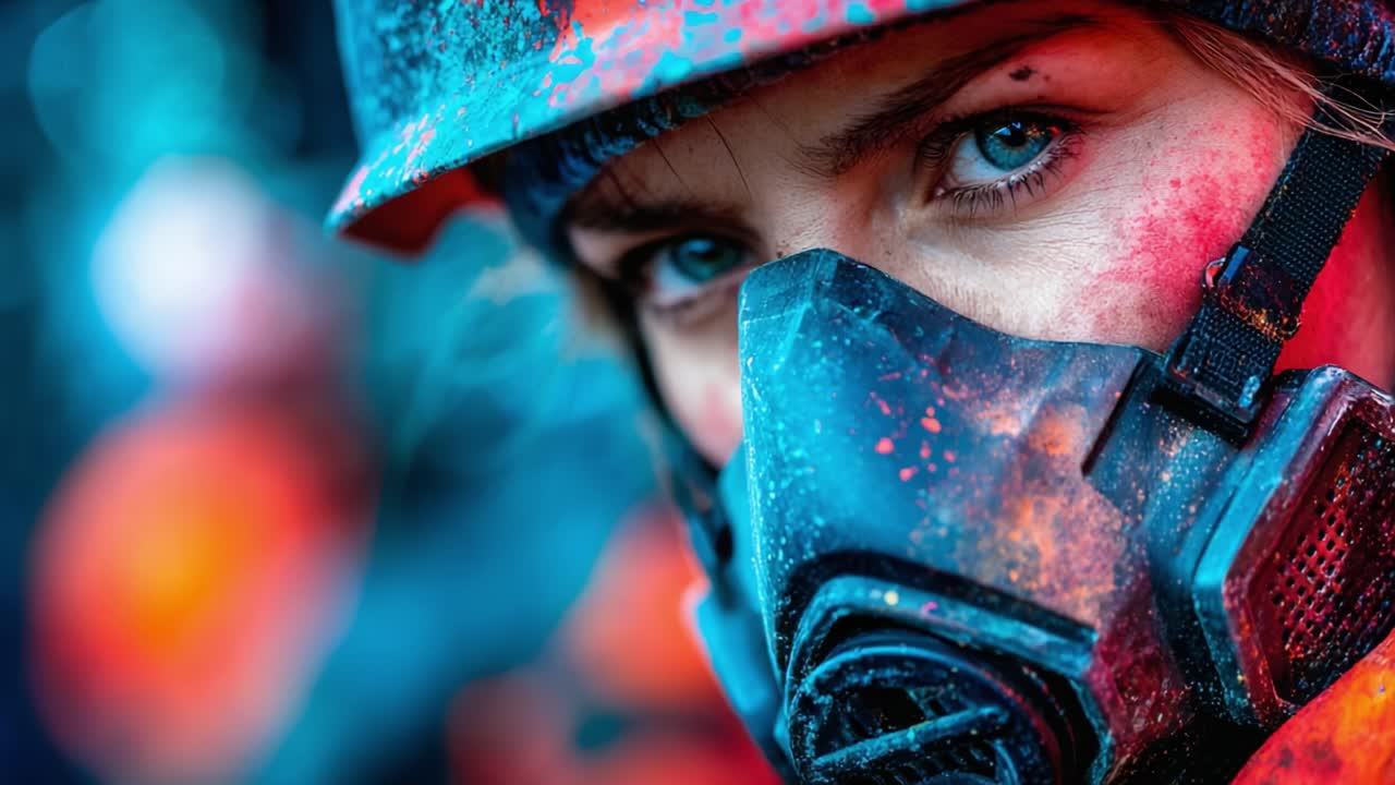 Intense Focus: A Close-Up of a Firefighter in Protective Gear Capturing the Raw Emotion and Commitment to Safety in the Face of Danger in a Colorful Environment