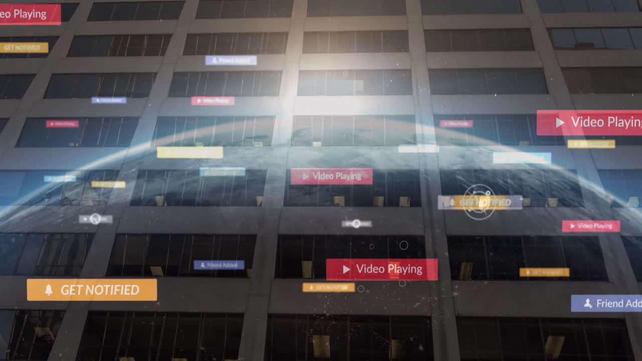 전 세계 소셜 미디어 아이콘과 현대 건물의 애니메이션