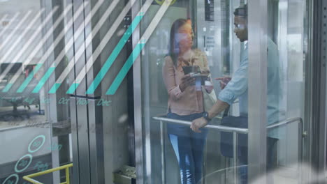 animation of financial data processing over diverse business people in office