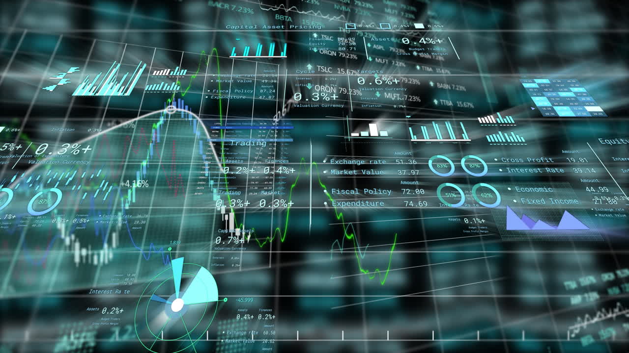 Animation of financial data and graphs overlaying digital interface with charts