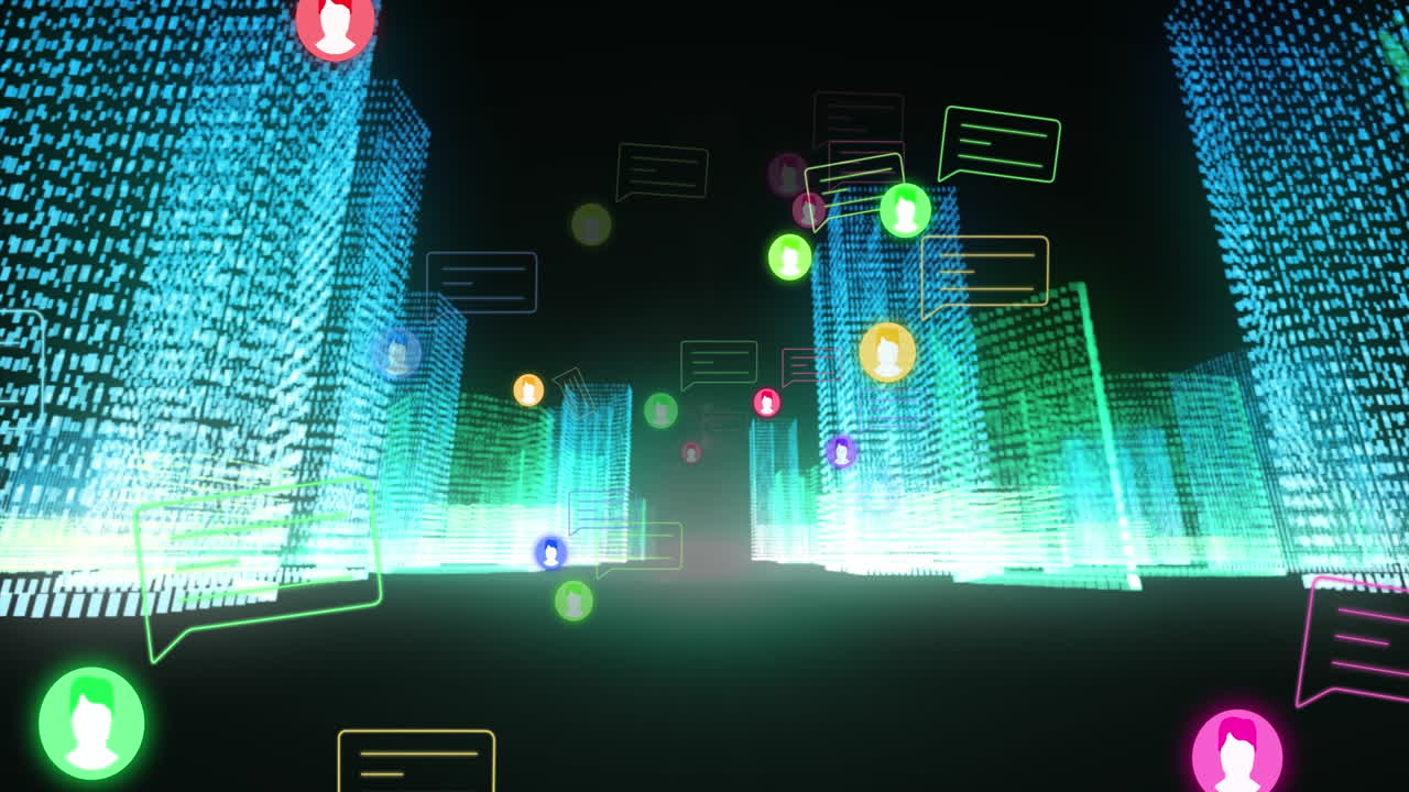 블랙 배경에 미디어 아이콘과 도시의 애니메이션