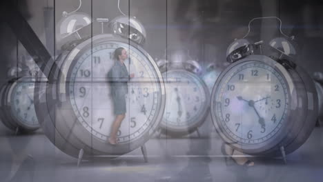 animation of caucasian businesswoman running in clock over time-lapse of people walking in office