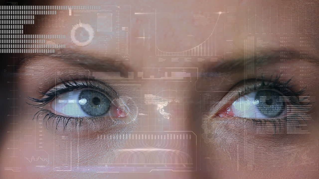 composizione digitale di un occhio di donna che guarda lo schermo con grafici statistici in movimento