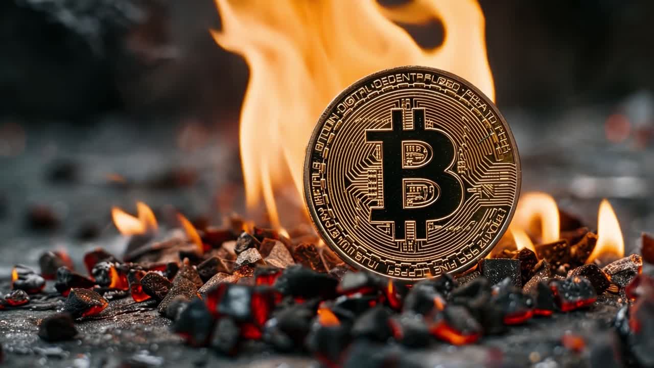 Moneta Bitcoin in fiamme con braci