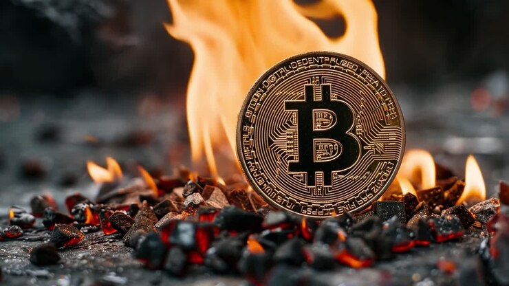 Moneta Bitcoin in fiamme con braci
