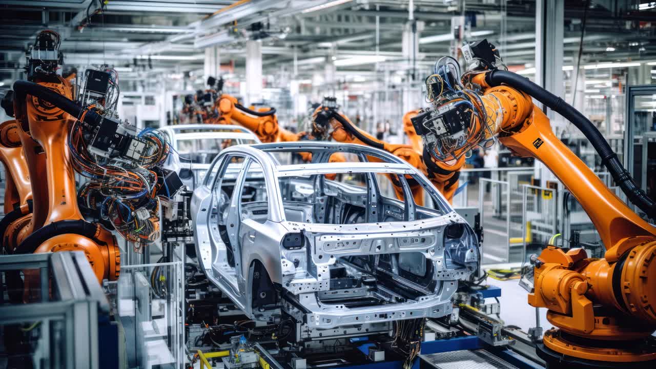High-angle video capture of an automotive assembly line with robotic arms constructing a car frame