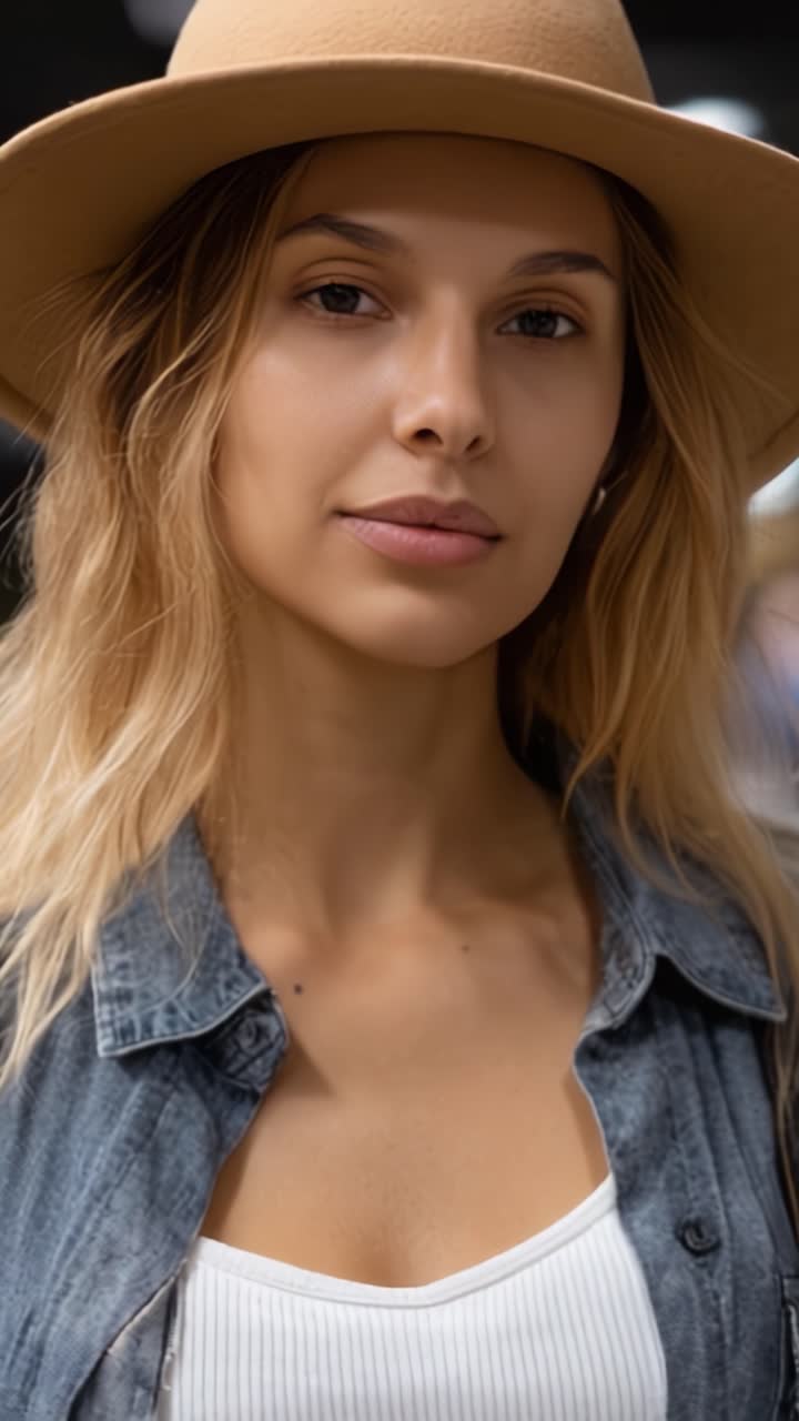 En ung kvinde med pjusket hår, iført brun hat og denimskjorte, stirrer selvsikkert mod kameraet, viser naturlig skønhed og ubesværet stil