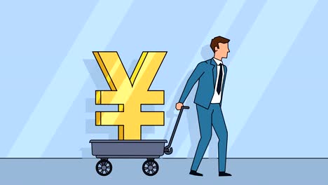 flat cartoon businessman character  pulls cart with yen sign money concept animation with alpha matte