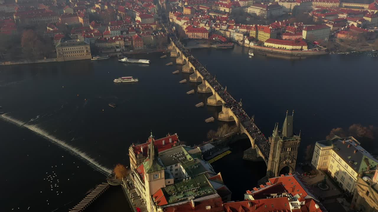 Prague, Charles Bridge, Vltava River, Czech Republic, Drone, Orbit
