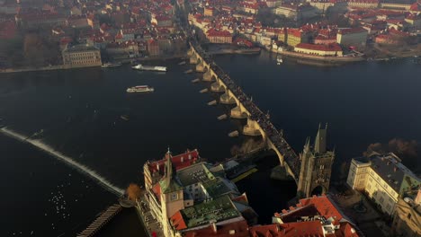 prague, charles bridge, vltava river, czech republic, drone, orbit