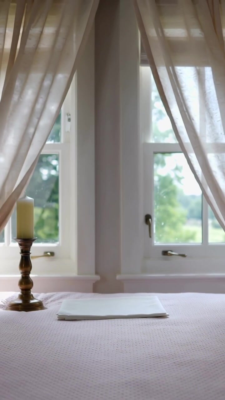 Video verticale: Lenzuolo bianco su letto rosa, brezza che muove le tende, mostrando finestre e alberi