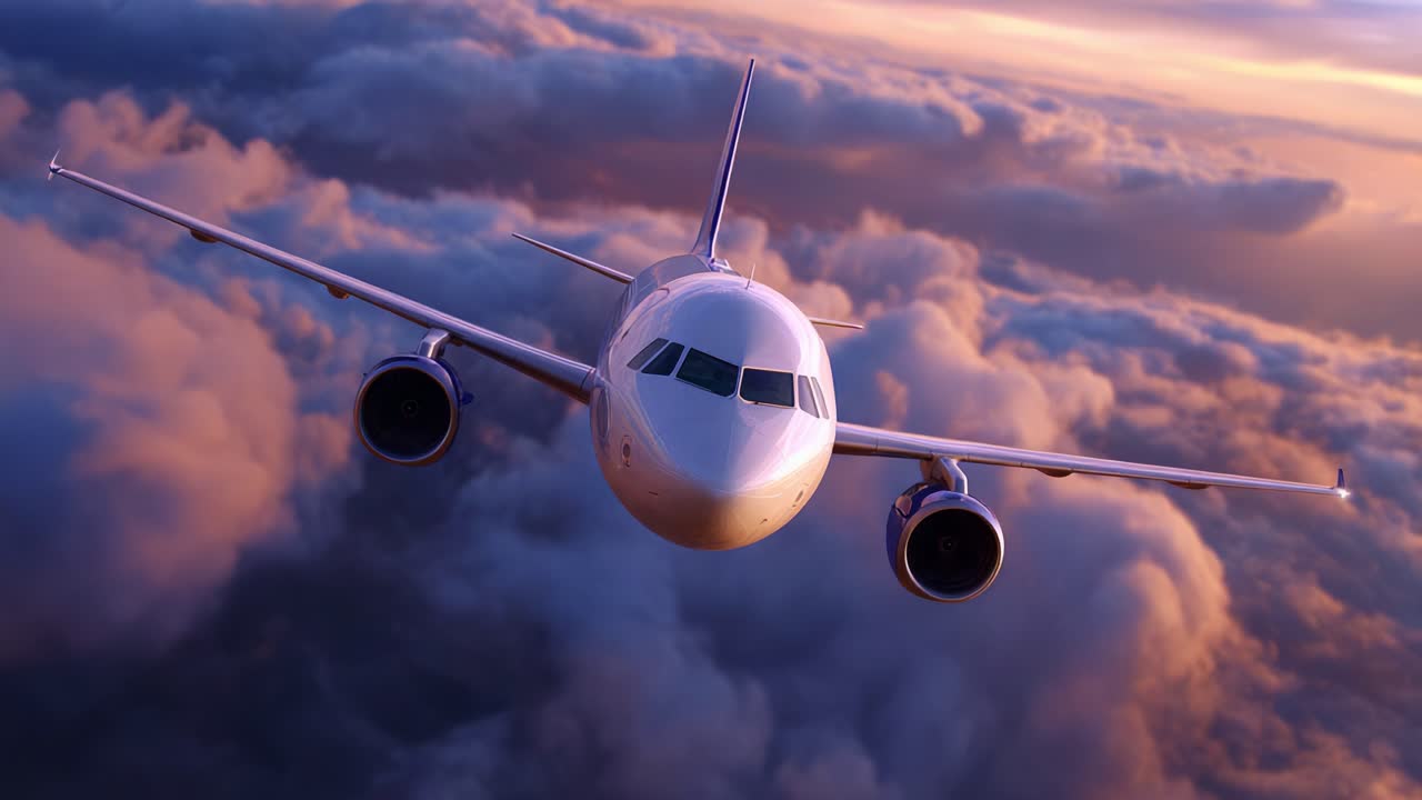 Splendida vista aerea di un aeroplano che sorvola nuvole colorate durante il tramonto, catturando la bellezza del volo in un cielo maestoso pieno di tonalità vivaci
