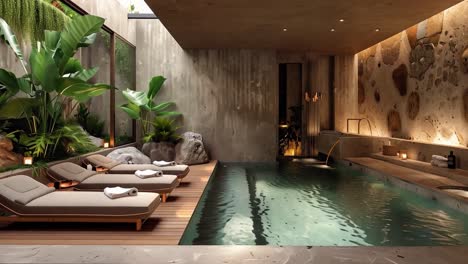 luxurious indoor pool with natural light and tropical plants