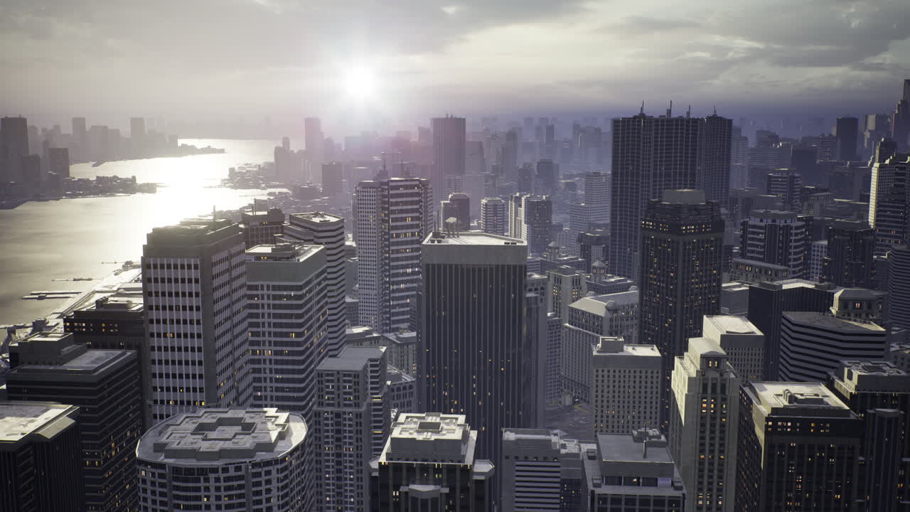 Horizonte urbano ao entardecer exibindo as luzes da cidade e os canais refletindo a luz solar