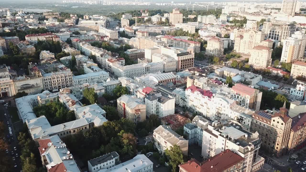 Ukraine, Kyiv, Drone Footage of a city view on a sunny day, buildings, parks and streets from high and above, no people.
